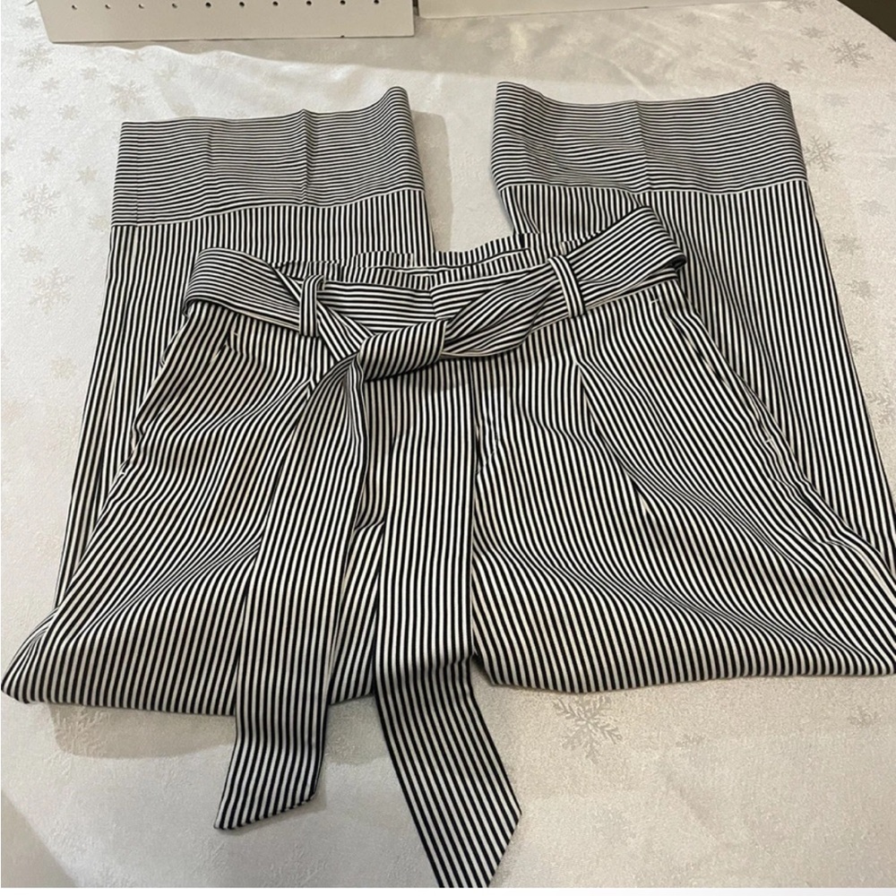 Banana Republic Navy & White Striped High-Waist Tie Belt Pants -